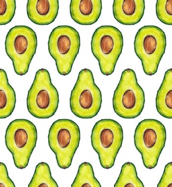 Avokado suluboya beyaz arka planda kusursuz desen. Aquarelle Papper 'ın üzerinde boyanmış avokado dokusu. Parlak ve renkli yeşil sebze beyazı tohumu.