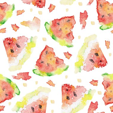 Beyaz arka planda dikişsiz karpuz boyası deseni. Akvaryum kağıdına boyanmış sulu karpuz beyaz tohumları. Parlak ve renkli kırmızı yaz meyvesi dokusu.