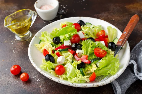 Salade Grecque Aux Légumes Frais Fromage Feta Olives Noires Salade — Photo