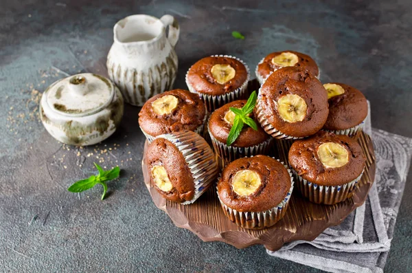 Chocolate Muffins Banana Concrete Background Fresh Homemade Pastry — Stock Photo, Image