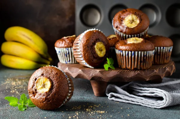 Chocolate Muffins Banana Concrete Background Fresh Homemade Pastry — Stock Photo, Image