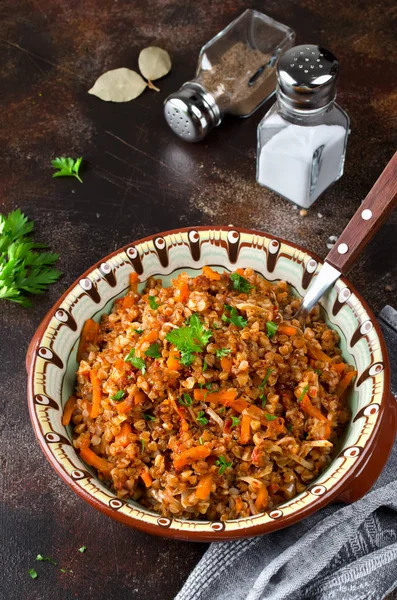 Trigo Sarraceno Manera Mercantil Guisado Con Carne Picada Verduras Cocina — Foto de Stock