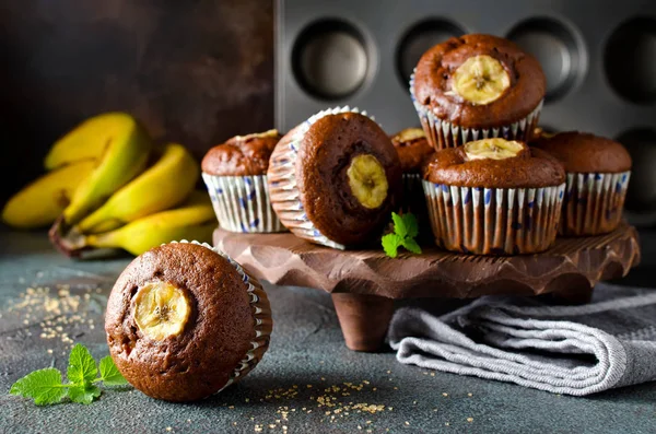 Chocolate Muffins Banana Concrete Background Fresh Homemade Pastry — Stock Photo, Image