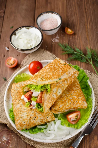 Crepes Stuffed Caesar Salad Chicken Tomatoes Cheese Lettuce Traditional Russian — Stock Photo, Image