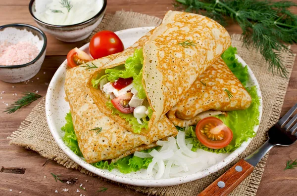 Crepes Stuffed Caesar Salad Chicken Tomatoes Cheese Lettuce Traditional Russian — Stock Photo, Image