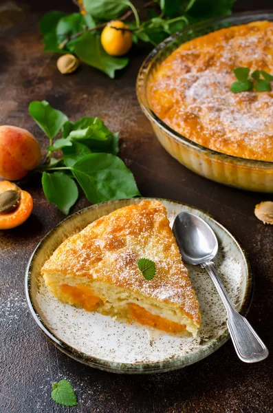 Sponge cake with apricots, dusted with icing sugar — Stock Photo, Image