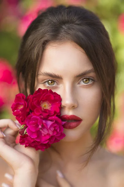 Retrato Beleza Uma Bela Mulher Cabelos Castanhos Com Uma Rosa Imagens De Bancos De Imagens