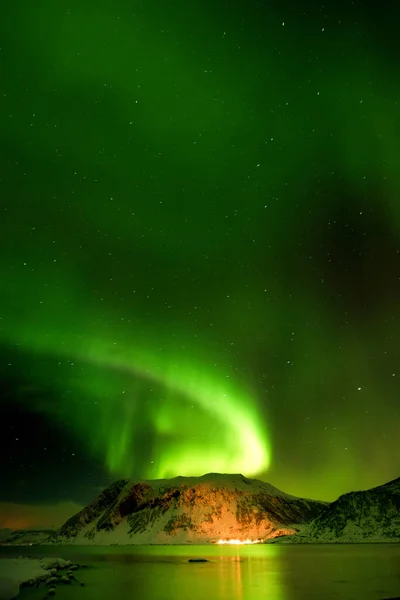 Grön Och Lila Aurora Borealis Över Snöiga Berg Norrsken Lofoten — Stockfoto
