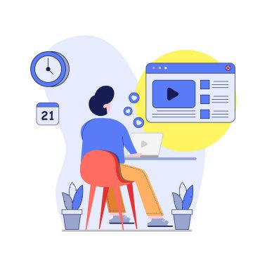 Canlı Video Kavramsal Düz Tasarım. Sandalyelerde oturan gençler video yayınlamak için dizüstü bilgisayar kullanıyorlar