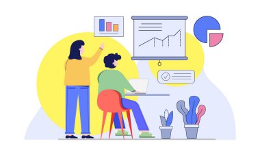 Erkekler ve kadınlar verileri analiz etmek, bilgi alışverişi yapmak ve sorunları çözmek için tartışırlar. Takım çalışması konsepti düz tasarım