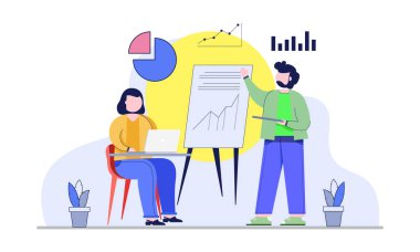 Bir adamın sunumu bir iş arkadaşının önünde grafiği açıklar.