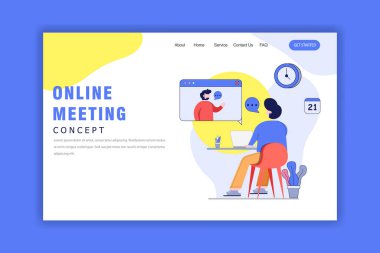 Çevrimiçi Toplantının Düz Tasarım Konsepti, Video Konferansı Çevrimiçi, Evden Çalışma, Telekomünikasyon, Çevrimiçi İletişim. Web Sitesi, Sancak ve İş Sunumu için Vektör İllüzyon Flat Tasarımı