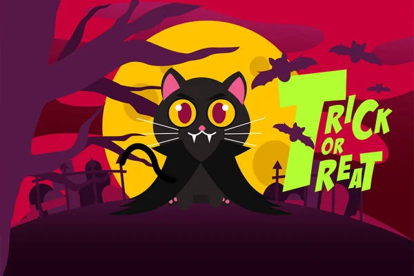 Happy Halloween Background Cute Black Vampire Cat Tombstone Spooky Forest — Stock Vector