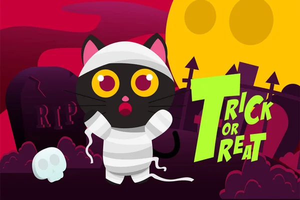 Happy Halloween Trick Treat Background Cute Mummy Black Cat Tombstone — Stock Vector