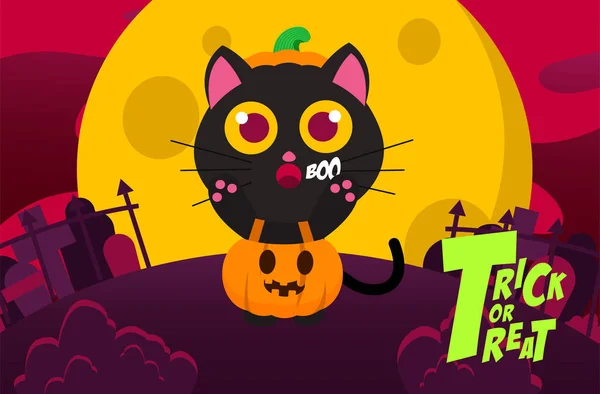 Happy Halloween Trick Treat Hintergrund Mit Süßer Schwarzer Katze Kürbiskleidung — Stockvektor