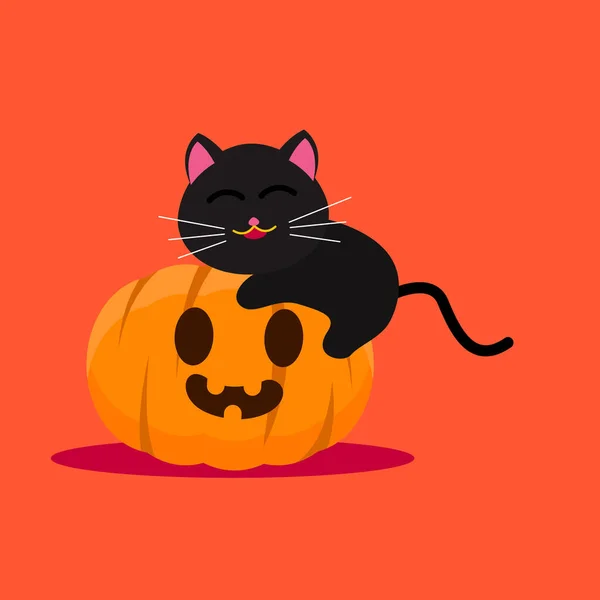 Vector Illustration Halloween Cute Black Cat Pumpkin — стоковый вектор