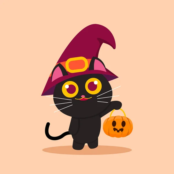 Ilustração Vetorial Para Halloween Gato Preto Bonito Transportando Abóbora — Vetor de Stock