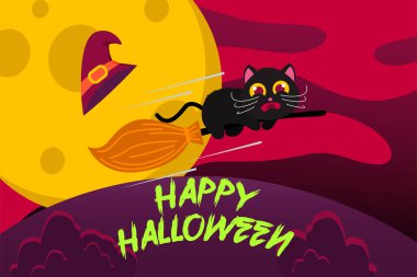 Süpürgeden korkan sevimli siyah kediyle Cadılar Bayramınız kutlu olsun. vektör Resimleri