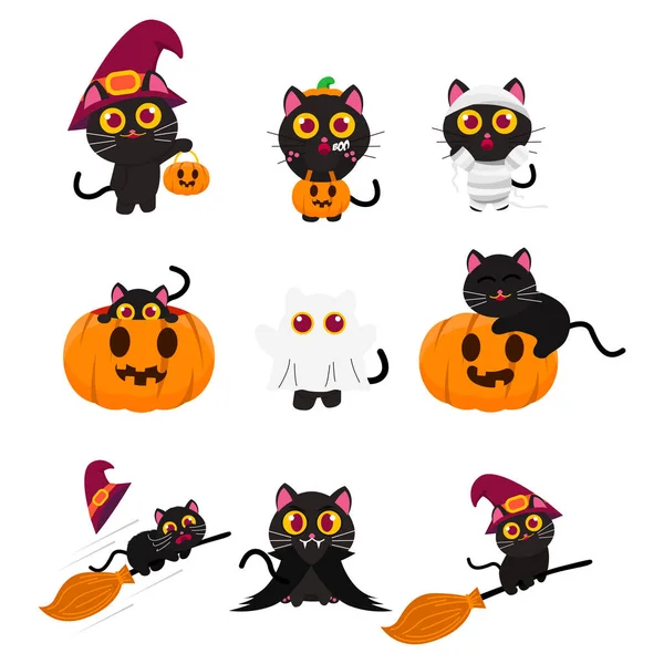 Set Von Cute Black Cat Tragen Kostüm Mumie Geist Vampir — Stockvektor