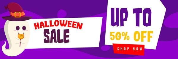 Halloween Event Sale Banner Kedvezmény Akár Aranyos Szellem Lick Candy — Stock Vector