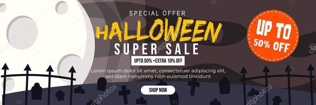 Halloween Event Super Sale Banner Discount Up To 50% Extra 10% With Big Moon and Grave Black White Theme Background Flat Design Illustration