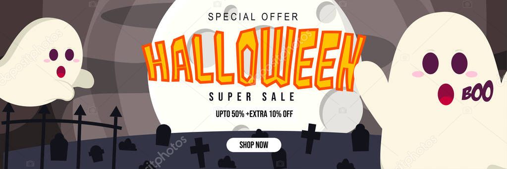 Halloween Event Super Sale Banner Discount Up To 50% Extra 10% With Big Moon Grave and Ghost Background Flat Design Illustration