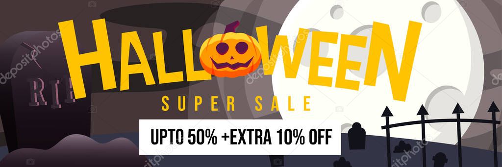 Happy Halloween Promo Sale Banner with Big tombstone at cemetery with full moon light at night background. cat use vampire, ghost and mummy costume. can use for Poster, Banner, Special Offer, Discount
