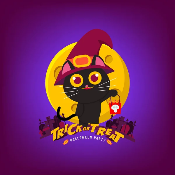 Halloween Party Süße Katze Mit Tüte Süßigkeiten Mond Hintergrundplakat Illustration — Stockvektor