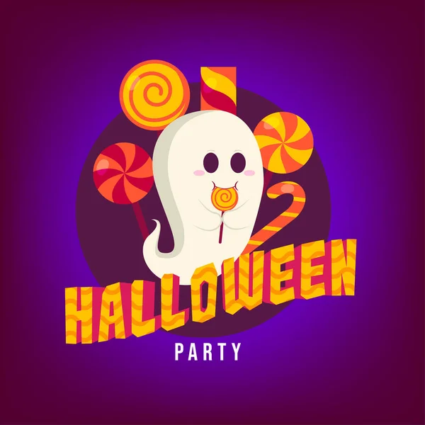 Halloween Party Nettes Gespenst Leckt Ein Süßigkeiten Poster Illustration Flacher — Stockvektor