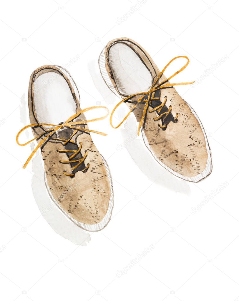 Watercolor casual leather athletic shoes with shoelace on white. Hand painted fashion illustration with brogues
