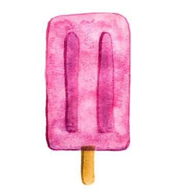 El yapımı suluboya dondurma, beyaz arka planda izole edilmiş pembe buzlu şeker. Lezzetli yaz yemekleri çizimi.