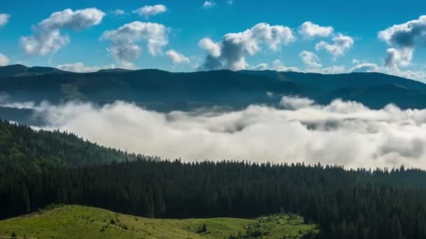 Misty ráno v horách. Mlha a Cloud horských údolí krajina. Timelapse.