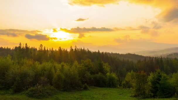 Der Bergwald Vor Dem Hintergrund Des Sonnenuntergangs Dramatischer Sonnenuntergang Zeitraffer — Stockvideo