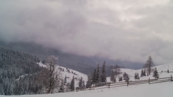 劇的な曇り空の背景に冬の山の森林 タイムラプス — ストック動画