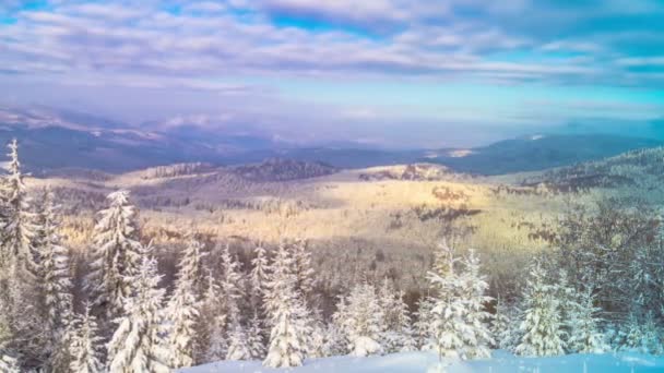 Winter Mountain Forest Background Dramatic Cloudy Sky Inglés Cronograma — Vídeos de Stock