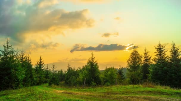 Bosque Montaña Fondo Puesta Del Sol Cielo Dramático Atardecer Cronograma — Vídeo de stock