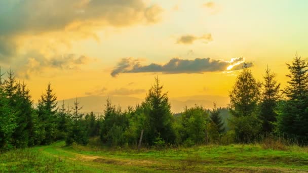 Bosque Montaña Fondo Puesta Del Sol Cielo Dramático Atardecer Cronograma — Vídeos de Stock