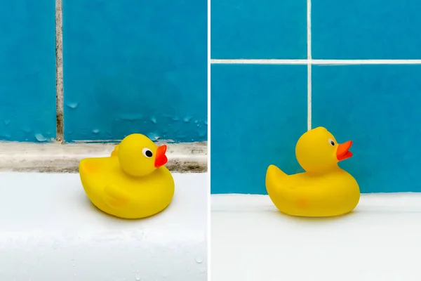 Před a po zrenovovat koncept, kachna hračka v koupelně closeup — Stock fotografie