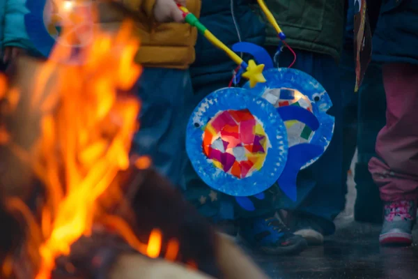 Sankt Martin Day Bonfire Children Lantern Defocused — Stock Photo, Image