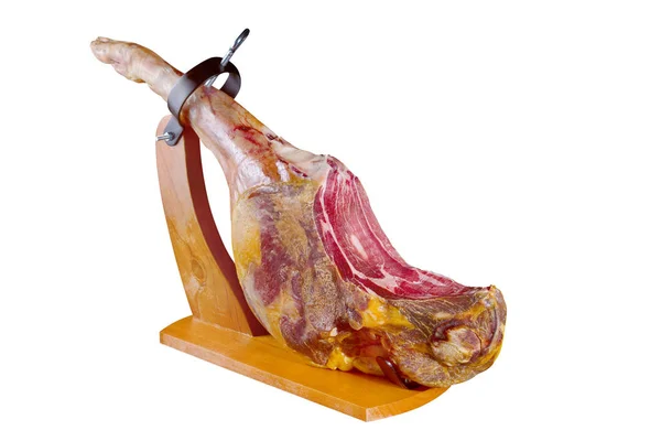 Tradițional spaniol jamon serrano, parma italiană, hamon iberico, prosciutto, picior izolat pe alb — Fotografie, imagine de stoc