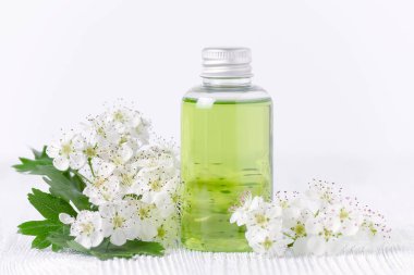 taze çiçekler, seçici odak kozmetik bir şişeyle