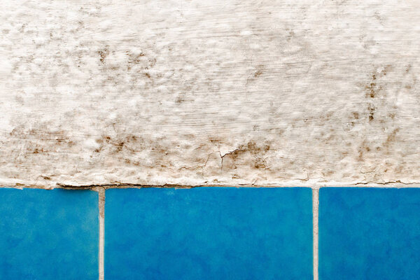 moldy wall in bathroom with blue tile closeup