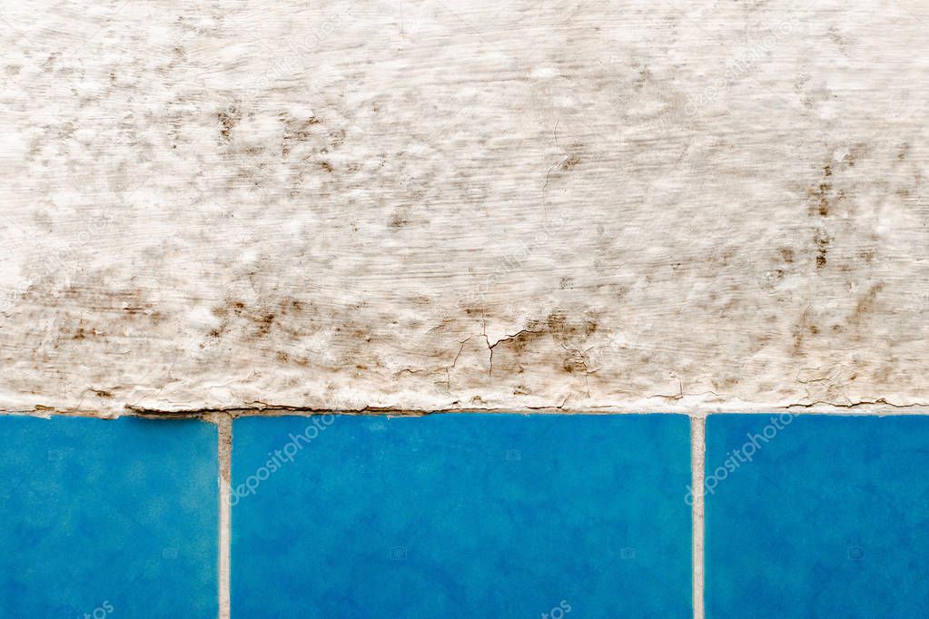 moldy wall in bathroom with blue tile closeup