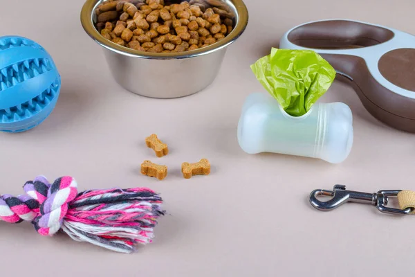 Nourriture séchée dans un bol pour animaux domestiques, laisse, jouets et sacs à caca — Photo
