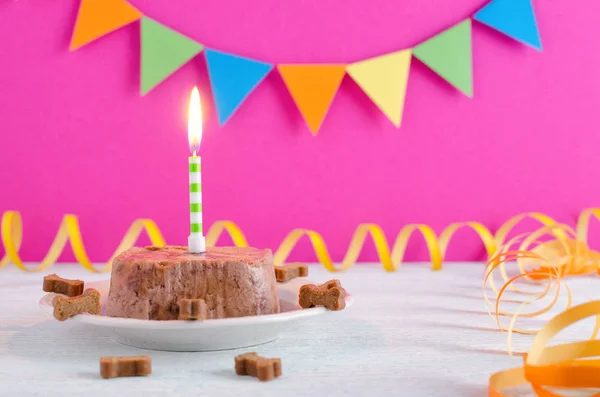 Happy birthday cake for dog from wet food and treats with candle and on pink party background — Stock Photo, Image