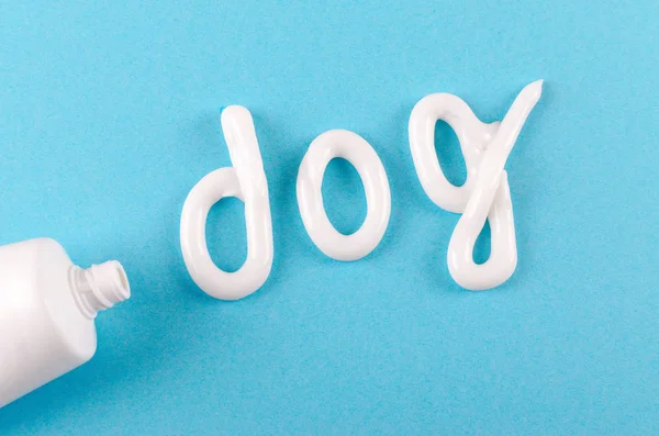 Зубна паста для собак, концепція догляду за зубами тварин, на синьому фоні — стокове фото