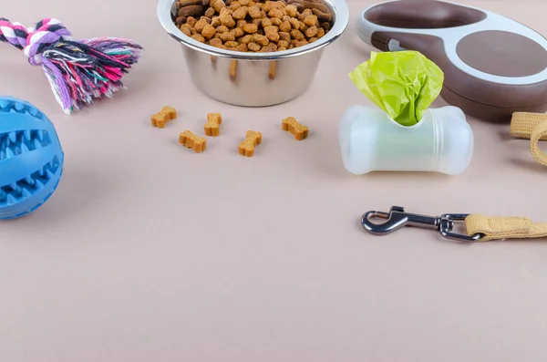 Evcil hayvanlar, tasma, oyuncaklar ve kaka torbaları için bir kase kurutulmuş gıda — Stok fotoğraf