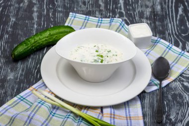 Okroshka et, salatalık ve otlu soğuk çorba kırıntısı.