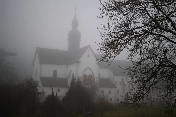 Kloster Eberbach en la niebla con la iglesia en Alemania — Foto de Stock