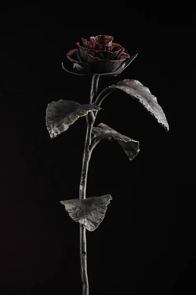 Fine Rose Made Forging Method Metal Red Blossom Black Background — Stock Photo, Image